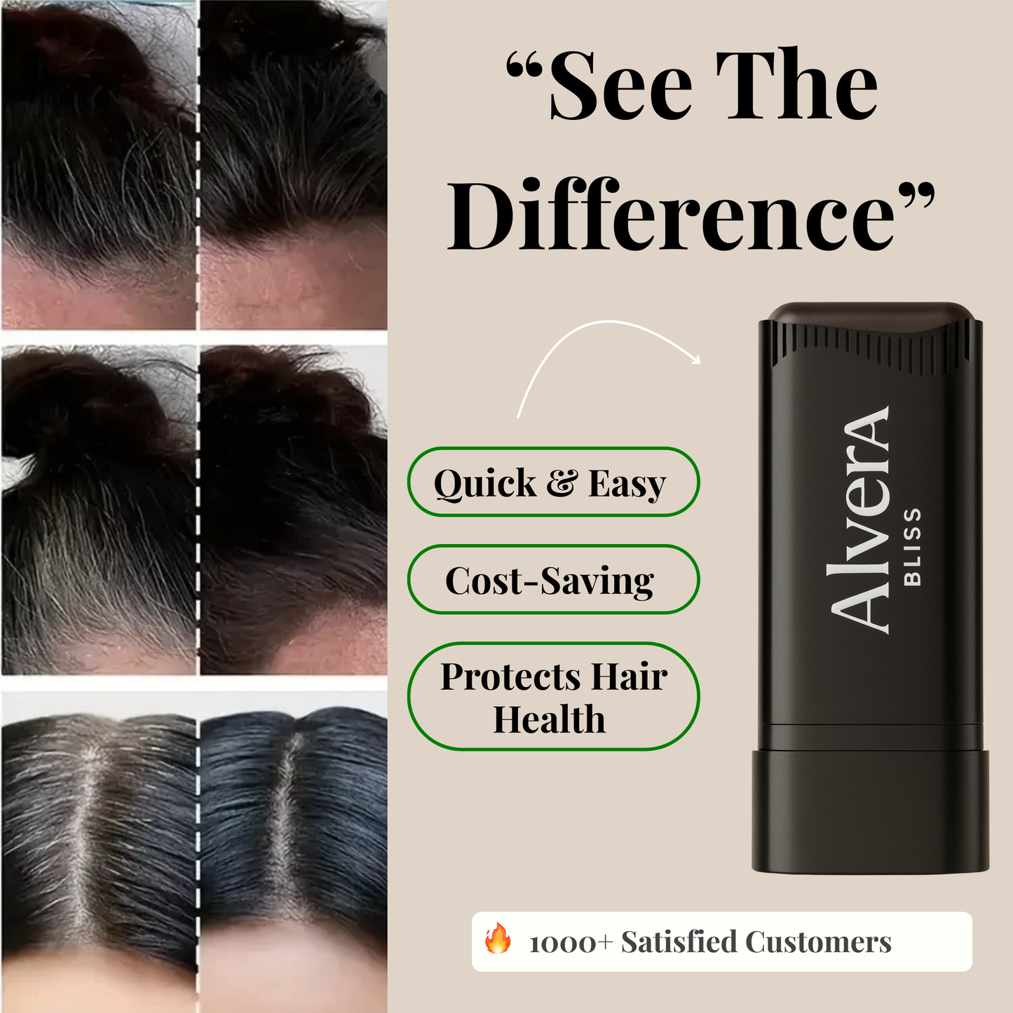 Advertisement for Alvera Bliss hair product showing before and after results.