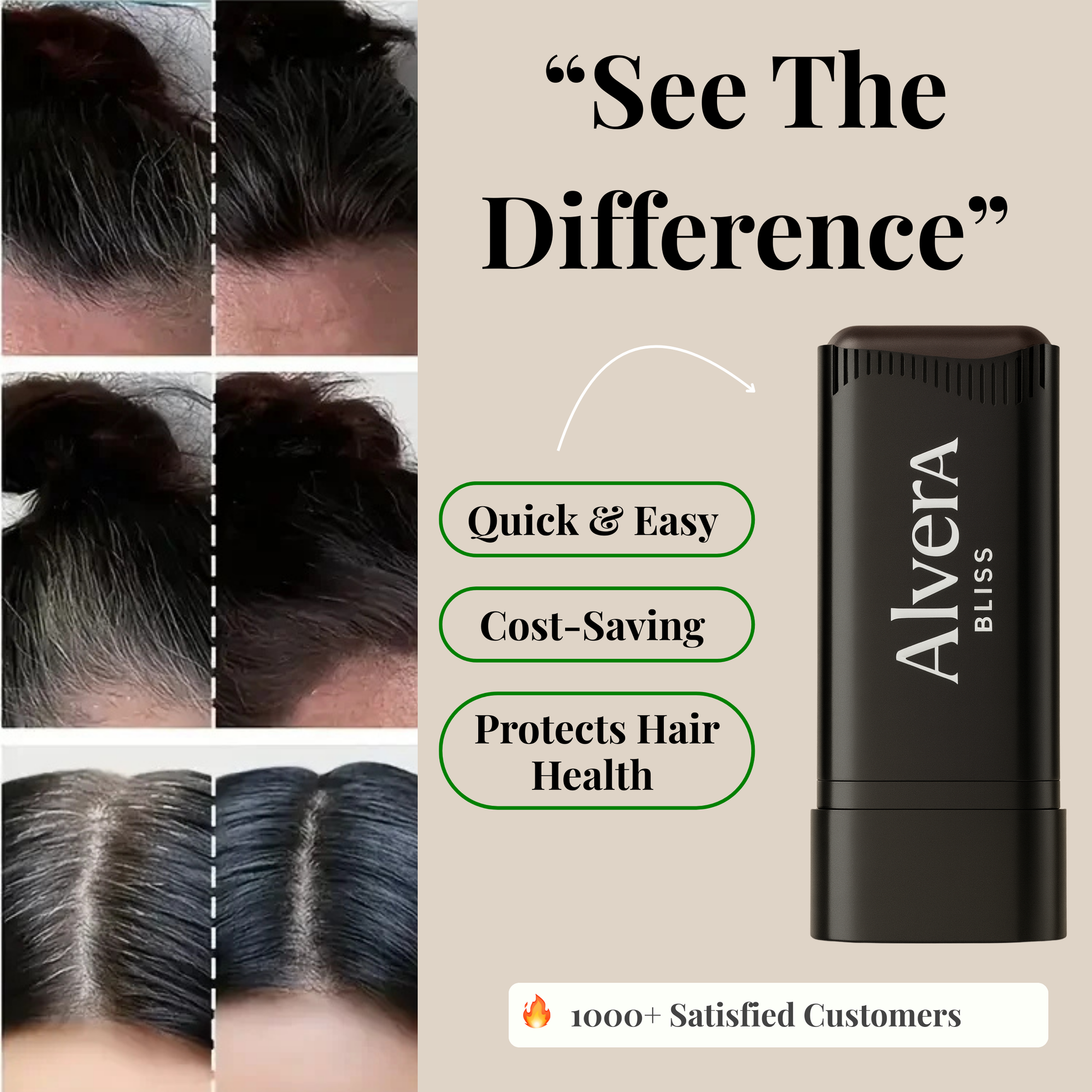 Advertisement for Alvera Bliss hair product showing before and after results.
