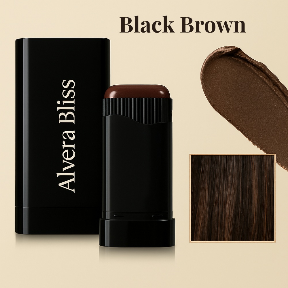 Alvera Bliss black brown hair color stick with packaging and swatch on a beige background