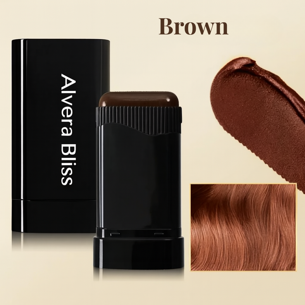 Alvera Bliss hair color stick in brown with packaging and color swatch on beige background