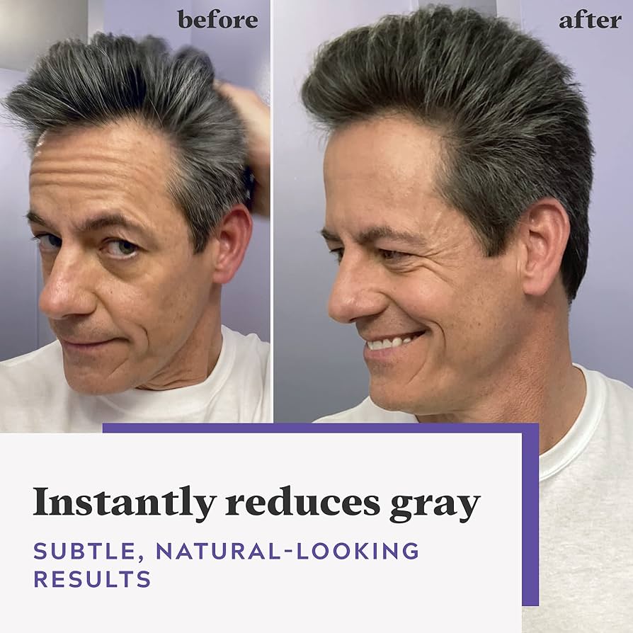 Before and after comparison of a man with gray hair using a product to reduce gray hair, with text indicating 'Instantly reduces gray' and 'Subtle, natural-looking results'.