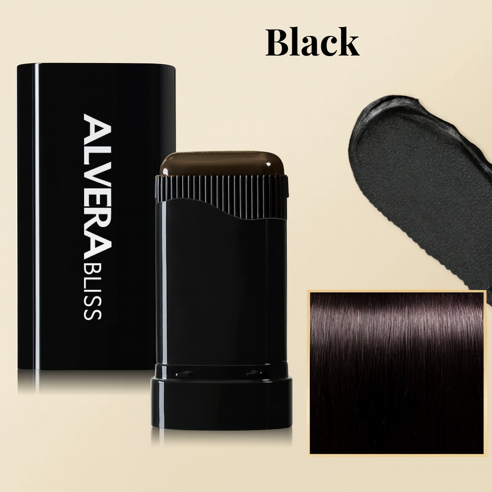 Alvera Bliss hair product with black color swatch on a beige background