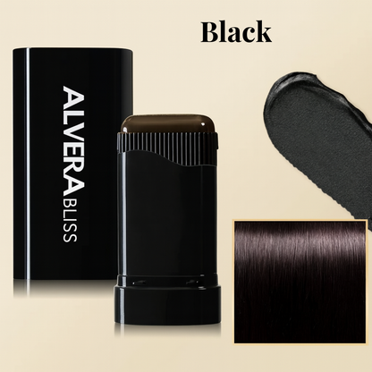 Alvera Bliss hair product with black color swatch on a beige background